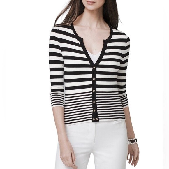 White House Black Market Stripe 3/4 Sleeve Snap Closure Cardigan Soft Stretch - Picture 1 of 14